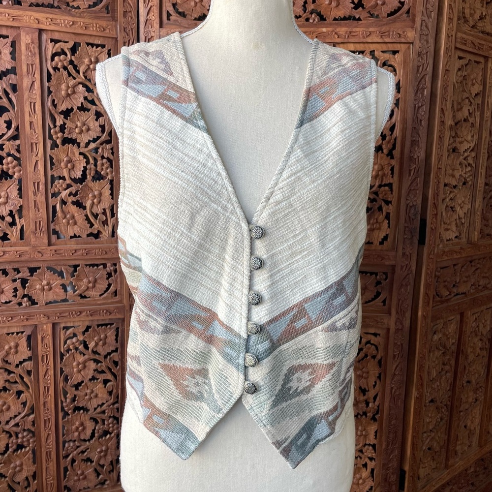 Vintage Roper Cowgirl western Boho Woven tapestry blanket vest Cream & Taupe